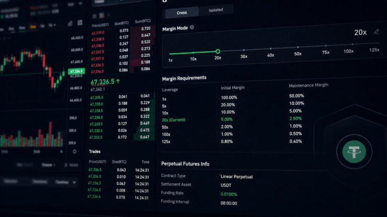Tabla de margen y futuros perpetuos en una plataforma de trading cripto.