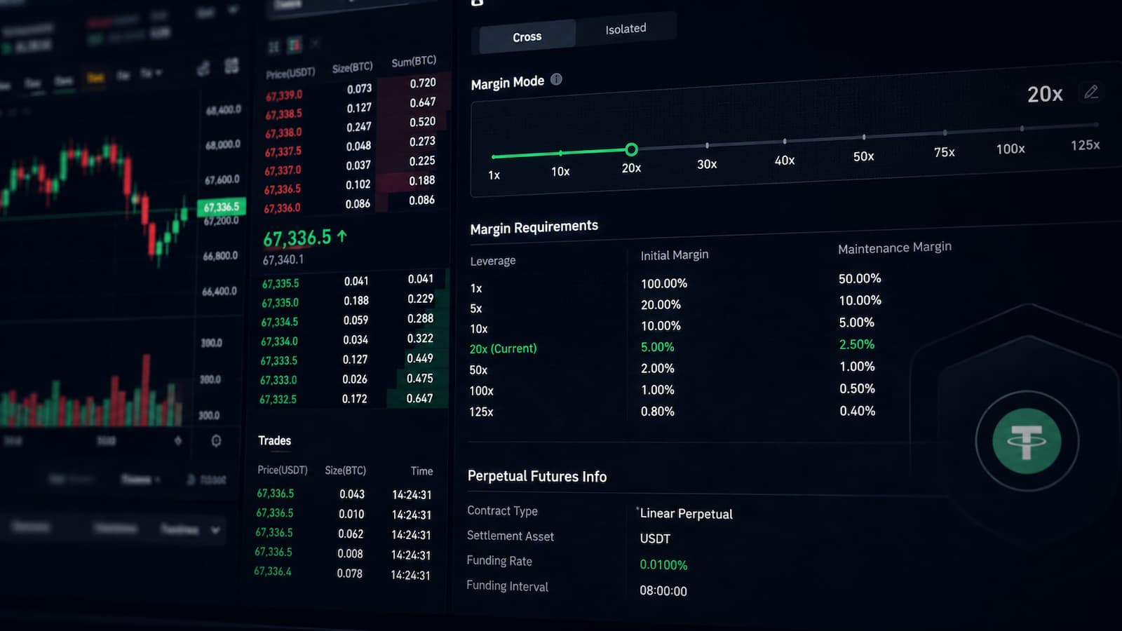 Tabla de margen y futuros perpetuos en una plataforma de trading cripto.