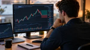 Trader revisa margen y stop loss en una plataforma de CFD.