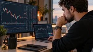 Usuario revisa margen y liquidación en una plataforma de futuros cripto.