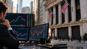 Pantallas de trading mientras bancos de Estados Unidos permanecen cerrados.